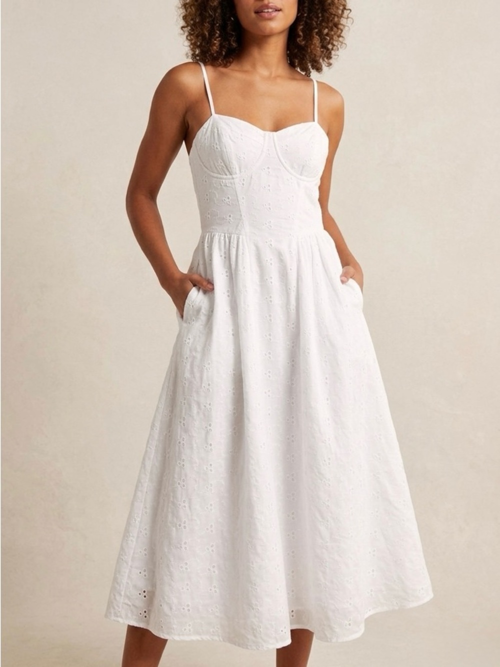 Cottagecore Bridal White Eyelet Embroidery Bustier Dress with Pockets Medium